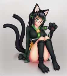 Rule 34 | 1girl, absurdres, animal ear fluff, animal ears, animal hands, artist name, bell, black-framed eyewear, black hair, borrowed character, cat ears, cat tail, claws, commentary, convenient leg, full body, glasses, gradient hair, green eyes, green hair, grey background, head tilt, highres, japanese clothes, jingle bell, looking at viewer, multicolored hair, multiple tails, original, rectangular eyewear, semi-rimless eyewear, simple background, sitting, solo, tail, tharkis, twintails, two-tone hair, two tails, under-rim eyewear, wlper