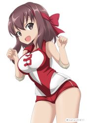 Rule 34 | 10s, 1girl, brown eyes, brown hair, clenched hands, commentary, cowboy shot, elbow pads, girls und panzer, headband, kondou taeko, leaning forward, looking at viewer, one-hour drawing challenge, open mouth, red headband, red shirt, red shorts, shibagami, shirt, short hair, short shorts, shorts, simple background, sleeveless, sleeveless shirt, smile, solo, sportswear, standing, twitter username, volleyball uniform, w arms, white background