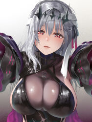 Rule 34 | 1girl, absurdres, bandaged head, bandages, black dress, black ribbon, black sleeves, black tiara, bodystocking, breasts, cape, cleavage, commentary request, detached sleeves, dress, goddess of victory: nikke, gradient background, grey hair, hair between eyes, hair ornament, highres, large breasts, light blush, long hair, looking at viewer, modernia (nikke), modernia (second affection) (nikke), official alternate costume, outstretched arms, parted lips, purple cape, red eyes, ribbon, see-through, see-through cleavage, sidelocks, simple background, sleeveless, sleeveless dress, solo, standing, suika (atelier-yuu), tearing up, tiara, upper body