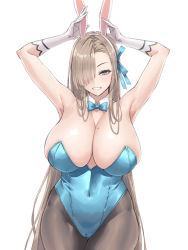 Rule 34 | 1girl, animal ears, armpits, arms up, asuna (blue archive), asuna (bunny) (blue archive), bare shoulders, blue archive, blue eyes, blue leotard, blush, breasts, brown pantyhose, cleavage, detached collar, elbow gloves, fake animal ears, gloves, grin, hair over one eye, hayama kazusa, highleg, highleg leotard, highres, large breasts, leotard, light brown hair, long hair, looking at viewer, mole, mole on breast, pantyhose, playboy bunny, rabbit ears, rabbit pose, smile, solo, thighs, very long hair, white gloves