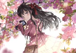 Rule 34 | 1girl, bag, black hair, blush, camera, commentary request, dappled sunlight, day, deer print, dress, flower, frilled dress, frills, hair ribbon, half updo, holding, holding camera, lace trim, long hair, long sleeves, looking at viewer, looking back, original, outdoors, pink dress, pink flower, red ribbon, ribbon, saya (mychristian2), shoulder bag, smile, solo, spring (season), sunlight, tree