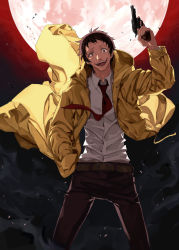 Rule 34 | 1boy, adachi tooru, bad id, bad pixiv id, brown eyes, brown hair, fukusa, full moon, gun, hand in pocket, handgun, male focus, moon, necktie, open mouth, persona, persona 4, persona 4: the ultimate in mayonaka arena, persona 4: the ultimax ultra suplex hold, raincoat, revolver, short hair, solo, spoilers, trigger discipline, weapon