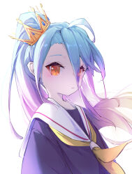 Rule 34 | 1girl, absurdres, ahoge, blue hair, blush, closed mouth, commentary, crown, dress, gradient hair, hair between eyes, highres, jinribbit, long hair, looking at viewer, multicolored hair, no game no life, orange eyes, pink hair, ponytail, purple dress, sailor collar, shiro (no game no life), sidelocks, simple background, solo, upper body, white background, white sailor collar