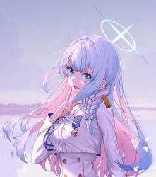 Rule 34 | 1girl, absurdres, blue archive, blue eyes, blue hair, blush, braid, cloud, colored inner hair, epaulettes, finger to mouth, fingernails, general student council president (blue archive), halo, highres, horizon, jacket, light blush, long hair, looking at viewer, medal, mikanjam, multicolored hair, ocean, open mouth, pink hair, side braid, sky, solo, two-tone hair, upper body, very long hair, white jacket