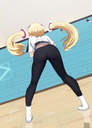 Rule 34 | 1girl, aki rosenthal, angelchama, ass, ass focus, bent over, black undershirt, blonde hair, clothes writing, crop top, detached hair, highres, hololive, hololive dance practice uniform, official alternate costume, pants, pantylines, reflective floor, shirt, shoes, solo, thighs, twintails, undershirt, virtual youtuber, white footwear, white shirt, yoga pants