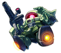 Rule 34 | chibi, commentary, from below, glowing, glowing eye, gun, gundam, holding, holding gun, holding weapon, mecha, mobile suit, mobile suit gundam, no humans, one-eyed, open hand, purple eyes, robot, science fiction, sd gundam, shoulder spikes, simple background, solo, spikes, taedu, thrusters, weapon, white background, zaku ii