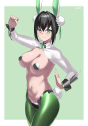 Rule 34 | 1girl, absurdres, animal ears, bow, breasts, brown hair, double bun, fate/grand order, fate (series), green background, green bow, green eyes, hair bun, hair intakes, highres, kurozawa yui, large breasts, looking at viewer, meme attire, nail polish, navel, pasties, qin liangyu (fate), rabbit ears, rabbit tail, reverse bunnysuit, reverse outfit, shiny skin, skin tight, solo, stance, tail