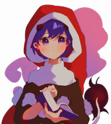 Rule 34 | 1girl, blush, book, closed mouth, doremy sweet, hat, holding, holding book, looking at viewer, minamia23, nightcap, open mouth, purple eyes, purple hair, red hat, simple background, solo, tail, tapir tail, touhou, upper body, white background