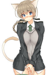 Rule 34 | 1girl, animal ears, b-ginga, blue eyes, blush, braid, breasts, brown hair, cat ears, hair over shoulder, hair ribbon, large breasts, looking at viewer, lynette bishop, necktie, own hands together, panties, ribbon, single braid, smile, solo, strike witches, sweater vest, tail, thighhighs, underwear, uniform, v arms, white panties, world witches series