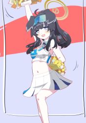 Rule 34 | 1girl, :d, animal ears, bad id, bad twitter id, black hair, blue archive, blush, bright pupils, cheering, cheerleader, dog ears, grey eyes, halo, hibiki (blue archive), hibiki (cheer squad) (blue archive), midriff, millennium cheerleader outfit (blue archive), navel, noharaga4, open mouth, pleated skirt, pom pom (cheerleading), ponytail, skirt, smile, solo, star (symbol), sticker on face, white pupils