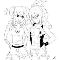 Rule 34 | 2girls, black vest, bow, breasts, check commentary, closed mouth, commentary request, creatures (company), curly hair, cutoffs, denim, denim shorts, double bun, game freak, greyscale, hair bun, high ponytail, hilda (pokemon), long hair, looking at viewer, monochrome, motu0505, multiple girls, nintendo, no headwear, pink bow, pokemon, pokemon bw, pokemon bw2, raglan sleeves, rosa (pokemon), shirt, shoes, short shorts, shorts, sidelocks, simple background, sleeveless, sleeveless shirt, smile, twintails, very long hair, vest, white background, white shirt