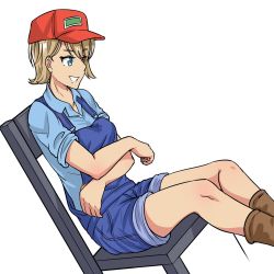 Rule 34 | &gt;though, /qa/ won, /tv/, 4chan, based (meme), blonde hair, blue eyes, blue shirt, boots, chair, crossed arms, hat, highres, leaning back, meme, overall shorts, overalls, parody, shirt, simple background, sitting, smile, sneed, sneedposting, the simpsons, white background