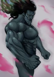 Rule 34 | 1boy, abs, angry, black hair, clenched hand, colored skin, grey skin, honjojnoh, long hair, muscular, muscular male, nipples, nude, original, pectorals, scowl, simple background, solo, standing