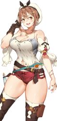 Rule 34 | 1girl, absurdres, atelier (series), atelier ryza, atelier ryza 1, bare shoulders, belt, beret, blush, boots, breasts, brown hair, cleavage, codename47, collarbone, detached sleeves, gloves, hat, highres, large breasts, looking at viewer, loose belt, navel, potion, red shorts, reisalin stout, shirt, short shorts, shorts, sidelocks, simple background, single glove, sleeveless, sleeveless shirt, smile, solo, teeth, thick thighs, thigh boots, thighs, upper teeth only, white background, white hat