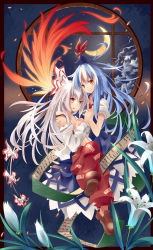 Rule 34 | 2girls, blue hair, bow, crescent moon, dress, female focus, fiery wings, fire, flower, fujiwara no mokou, hair bow, hat, head tilt, highres, holding hands, kamishirasawa keine, large bow, light smile, lily (flower), long hair, mikan (bananoha), moon, multicolored hair, multiple girls, night, night sky, no socks, ofuda, open clothes, open shirt, pants, pink eyes, red eyes, scared, scroll, shirt, sky, strap slip, suspenders, touhou, two-tone hair, very long hair, white hair, window, wings