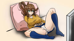 Rule 34 | breasts, cameltoe, controller, game controller, highres, large breasts, oni-dessin, panties, playing, playing games, pussy, pussy peek, skirt, socks, solo, spread legs, television, underwear