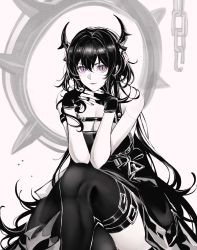 Rule 34 | 1girl, absurdres, arknights, bare arms, bare shoulders, chain, dress, feet out of frame, fingerless gloves, gloves, grey background, hair between eyes, hands up, highres, horns, limited palette, long hair, looking at viewer, monochrome, nail polish, own hands together, purple eyes, sleeveless, sleeveless dress, smile, solo, surtr (arknights), thighhighs, thighs, very long hair, yf (hbyg)