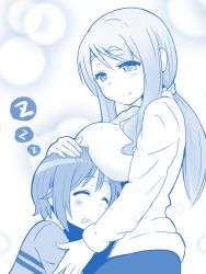 Rule 34 | 2girls, blue theme, blush, breast rest, breasts, breasts on head, closed mouth, eyebrows, closed eyes, from side, hair between eyes, hand on another&#039;s head, highres, hirame guard, large breasts, long hair, long sleeves, matsumoto yoriko, monochrome, multiple girls, nonohara yuzuko, ponytail, short hair, sleeping, smile, sweater, thick eyebrows, yuyushiki, zzz