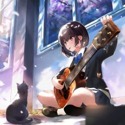 Rule 34 | 1girl, blazer, brown hair, cat, cherry blossoms, guitar, highres, holding, holding instrument, indian style, instrument, jacket, mouth hold, on ground, original, reflection, school uniform, short hair, sitting, solo, wall, window, yukimaru nun
