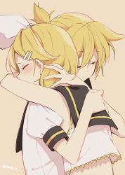 Rule 34 | 1boy, 1girl, arms around neck, bare shoulders, black collar, blonde hair, blush, bow, brother and sister, closed eyes, collar, comforting, commentary, crop top, crying, hair bow, hair ornament, hairclip, hand on another&#039;s head, hazuki natsu, hug, kagamine len, kagamine rin, mutual hug, orange background, sailor collar, school uniform, shirt, short hair, short ponytail, short sleeves, siblings, spiked hair, swept bangs, tears, twins, twitter username, upper body, vocaloid, white bow, white shirt