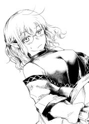Rule 34 | 1girl, absurdres, arm warmers, bare shoulders, bespectacled, blush, breasts, chikuwa coffee (milk soda), closed mouth, commentary request, dutch angle, expressionless, glasses, greyscale, highres, looking at viewer, medium bangs, medium breasts, mizuhashi parsee, monochrome, off shoulder, pointy ears, sash, shirt, short hair, simple background, sleeveless, sleeveless shirt, solo, touhou, upper body, wavy hair