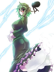 Rule 34 | 1girl, ass, blush, breasts, from behind, from side, ghost tail, green eyes, green hair, hat, kuon846, kuon yashiro, large breasts, lightning, looking back, matching hair/eyes, soga no tojiko, solo, tate eboshi, touhou