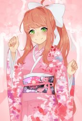 Rule 34 | 1girl, blush, bow, doki doki literature club, hair bow, japanese clothes, kimono, kokomi (aniesuakkaman), long hair, monika (doki doki literature club), pink background, pink kimono, sash, smile, white bow