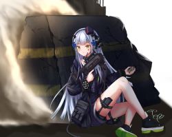 Rule 34 | 1girl, bad id, bad pixiv id, black footwear, black jacket, blue hair, blush, closed mouth, explosive, full body, girls&#039; frontline, green eyes, grenade, gun, hair ornament, hair ribbon, hairclip, headset, highres, hk416 (girls&#039; frontline), hk416 (mod3) (girls&#039; frontline), holding, holding grenade, holding gun, holding weapon, jacket, long hair, looking away, mod3 (girls&#039; frontline), on floor, open clothes, open jacket, ribbon, ryn (rinorea), shoes, simple background, solo, tactical clothes, teardrop facial mark, teardrop tattoo, weapon