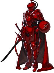 Rule 34 | absurdres, armor, armored boots, boots, breastplate, buckler, cape, emblem, fujisaka kimihiko, full armor, full body, helmet, highres, holding, holding sword, holding weapon, non-web source, official art, photoshop (medium), red armor, red cape, red theme, sheath, shield, simple background, standing, sword, voice of cards: the isle dragon roars, weapon, white background