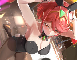 Rule 34 | 1girl, animal ears, black leotard, bow, bowtie, breasts, chest jewel, earrings, fake animal ears, fake tail, fishnet thighhighs, fishnets, gem, jewelry, large breasts, leotard, pantyhose, playboy bunny, pyra (xenoblade), rabbit ears, rabbit tail, red eyes, red hair, short hair, solo, strapless, strapless leotard, swept bangs, tail, thighhighs, tiara, tomas (kaosu22), xenoblade chronicles (series), xenoblade chronicles 2
