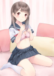 Rule 34 | 1girl, bashosho, blue sailor collar, blue skirt, blush, bow, bow bra, bra, breasts, brown hair, cleavage, closed mouth, clothes lift, collarbone, commentary request, eyebrows hidden by hair, hands up, head tilt, highres, kneehighs, lifted by self, long hair, looking at viewer, neckerchief, no shoes, original, panties, pillow, pink bra, pink panties, pleated skirt, red eyes, red neckerchief, sailor collar, shirt, shirt lift, short sleeves, sidelocks, sitting, skirt, small breasts, socks, solo, underwear, wariza, white shirt, white socks