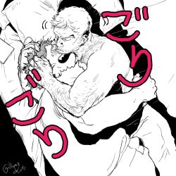 Rule 34 | &gt; &lt;, 2boys, arm hair, bara, beard, chest hair, facial hair, fat, fat man, from above, gasu-chan (illustguess), greyscale, hairy, halo, hand on another&#039;s head, highres, hug, lying, male focus, mature male, monochrome, motion lines, multiple boys, muscular, muscular male, on bed, on side, original, pants, short hair, sideburns, spot color, sweatdrop, teasing, tickling, tickling face, translation request, yaoi
