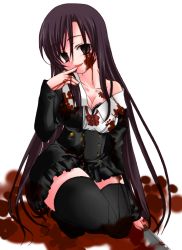 Rule 34 | 1girl, :d, akamatumiki, black bra, black eyes, black hair, black jacket, black skirt, black thighhighs, blazer, blood, blood on clothes, blood on face, bloody weapon, bra, breasts, cleavage, collarbone, full body, head tilt, holding, holding knife, jacket, katsura kotonoha, kneeling, knife, long hair, long sleeves, looking at viewer, medium breasts, miniskirt, open clothes, open jacket, open mouth, school days, shirt, simple background, skirt, smile, solo, thighhighs, underwear, very long hair, weapon, white background, white shirt, zettai ryouiki