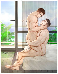 Rule 34 | 2boys, absurdres, ass grab, balcony, bara, black hair, blue-framed eyewear, brown hair, completely nude, couple, eye contact, facial hair, full body, hands on another&#039;s face, head tilt, highres, large pectorals, looking at another, male focus, multiple boys, muscular, muscular male, nipples, nude, on bed, original, pectorals, peterhl, short hair, stubble, thick thighs, thighs, undercut, wooden floor, yaoi