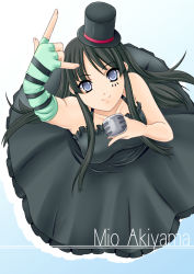 Rule 34 | 00s, 1girl, \m/, \n/, akiyama mio, black hair, blue eyes, don&#039;t say &quot;lazy&quot;, dress, facepaint, fingerless gloves, from above, gloves, hat, hayami kyuuen, k-on!, long hair, looking up, mini hat, mini top hat, solo, top hat