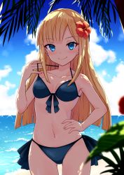 Rule 34 | 1girl, bare shoulders, bikini, blonde hair, blue bikini, blue eyes, blush, breasts, cloud, collarbone, commentary request, cowboy shot, day, fate/grand order, fate (series), flower, front-tie bikini top, front-tie top, hair flower, hair ornament, hand on own hip, highres, long hair, looking at viewer, lord el-melloi ii case files, medium breasts, navel, outdoors, profnote, red flower, reines el-melloi archisorte, side-tie bikini bottom, smile, solo, swimsuit, water
