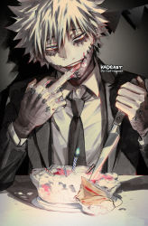 Rule 34 | 1boy, artist name, birthday, blue eyes, boku no hero academia, burn scar, cake, candle, dabi (boku no hero academia), ear piercing, food, formal, icing, kadeart, knife, licking, licking finger, looking at viewer, male focus, multiple piercings, multiple scars, nose piercing, open mouth, piercing, scar, scar on arm, scar on chest, scar on face, short hair, smile, solo, spiked hair, spoilers, stapled, stitches, string of flags, suit, tongue, tongue out, white hair