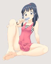 Rule 34 | 1girl, barefoot, black hair, bracelet, collarbone, commentary, creatures (company), dawn (pokemon), eating, eyelashes, feet, female focus, food, foot focus, foreshortening, full body, game freak, grey background, grey eyes, hair tie, hand up, highres, holding, holding stick, jewelry, knees, long hair, nintendo, one-piece swimsuit, pink one-piece swimsuit, pokemon, pokemon: arceus and the jewel of life, pokemon (anime), pokemon dppt (anime), popsicle, sidelocks, simple background, soles, solo, spread legs, stick, suitenan, swimsuit, toes
