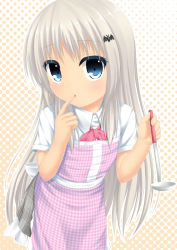 Rule 34 | 1girl, apron, blue eyes, finger to mouth, highres, kurose taiga, ladle, little busters!, long hair, noumi kudryavka, open mouth, school uniform, silver hair, tongue, tongue out