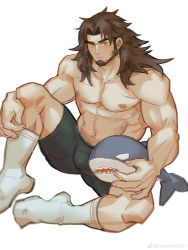 Rule 34 | 1boy, abs, absurdres, amaimochi, bara, beard, black male underwear, black shorts, blush, brown hair, bulge, check copyright, copyright request, facial hair, full body, highres, looking at viewer, male focus, male underwear, mature male, muscular, muscular male, navel, nipples, original, pectorals, shorts, sitting, socks, solo, spread legs, stomach, stuffed animal, stuffed toy, topless male, underwear, underwear only, white background
