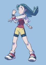 Rule 34 | 1girl, absurdres, bike shorts, bracelet, closed mouth, creatures (company), cropped jacket, donnpati, full body, game freak, green eyes, green hair, grey background, highres, jacket, jewelry, knees, kris (pokemon), legs apart, long hair, long sleeves, nintendo, official style, pokemon, pokemon gsc, red shirt, shirt, shoes, solo, standing, stretching, white footwear, white jacket
