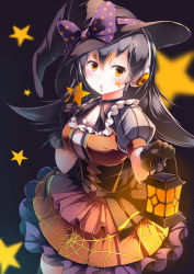 Rule 34 | 10s, 1girl, absurdres, alternate costume, black background, black gloves, black hair, bow, commentary, dress, gentoo penguin (kemono friends), gloves, hair between eyes, halloween costume, hat, hat bow, headphones, highres, holding, holding lantern, kanzakietc, kemono friends, kemono friends festival, lantern, long hair, looking at viewer, open mouth, orange eyes, polka dot, polka dot bow, puffy short sleeves, puffy sleeves, short sleeves, simple background, solo, spider web print, star (symbol), witch hat
