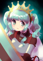 Rule 34 | 1girl, alternate color, aqua background, armor, artist name, blunt bangs, blush, breastplate, brown sweater, crown, dark background, from above, futaba sana, highres, holding, holding shield, ihek, jewelry, long sleeves, looking at viewer, looking up, magia record: mahou shoujo madoka magica gaiden, magical girl, mahou shoujo madoka magica, necklace, parted lips, shield, sidelocks, solo, sweater, turtleneck, turtleneck sweater, twintails, upper body, veil, wavy hair