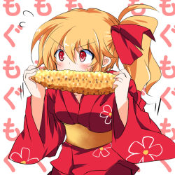 Rule 34 | &gt;:(, 1girl, alternate costume, alternate hairstyle, blonde hair, blush, breasts, corn, eating, flandre scarlet, floral print, flying sweatdrops, food, food on face, furrowed brow, hair ribbon, ichimura kanata, japanese clothes, kimono, no wings, obi, one-hour drawing challenge, red eyes, ribbon, sash, serious, side ponytail, small breasts, solo, touhou, translated