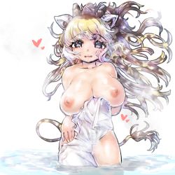 Rule 34 | :d, animal ears, arm behind back, arm under breasts, blonde hair, blue eyes, breasts, brown hair, chabo-kun, collarbone, commentary request, completely nude, floating hair, giraffe ears, giraffe horns, giraffe tail, heart, heart-shaped pupils, highres, holding, holding towel, horns, kemono friends, large breasts, long hair, multicolored hair, nipples, nude, open mouth, reticulated giraffe (kemono friends), smile, solo, steam, symbol-shaped pupils, tail, towel, two-tone hair, unaligned breasts, wading, water