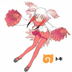 Rule 34 | 10s, 1girl, :d, bird tail, black footwear, blunt bangs, character name, frilled sleeves, frills, full body, fur collar, gloves, gradient hair, head wings, japanese crested ibis (kemono friends), japari symbol, kemono friends, long hair, long sleeves, mary janes, multicolored hair, nakamura tetsuya, open mouth, outstretched arms, pantyhose, red gloves, red hair, red pantyhose, red skirt, shoes, simple background, skirt, smile, solo, spread arms, tail, translated, white background, white hair, wide sleeves, wings, yellow eyes
