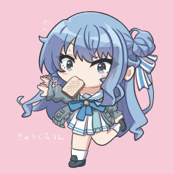 Rule 34 | 1girl, a attoo, black footwear, blue bow, blue eyes, blue hair, blue shirt, blush stickers, bow, bread, bread slice, chibi, flying sweatdrops, food, food in mouth, grey jacket, hair between eyes, hand up, holding own foot, hololive, hoshimachi suisei, hoshimachi suisei (school uniform), jacket, kyu-kurarin (cevio), long hair, looking at viewer, motion lines, mouth hold, official alternate costume, pink background, pink hair, pose imitation, sailor collar, shirt, simple background, skirt, socks, solo, song name, star (symbol), star in eye, symbol in eye, toast, toast in mouth, translated, virtual youtuber, white sailor collar, white skirt, white socks