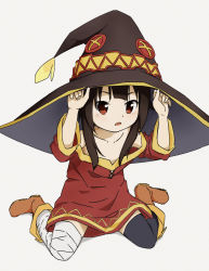 Rule 34 | 1girl, absurdres, aged down, artist request, bandaged leg, bandages, bare shoulders, black thighhighs, blunt bangs, brown footwear, brown hair, brown hat, commentary request, dress, full body, hands up, hat, hat ornament, highres, kono subarashii sekai ni shukufuku wo!, large hat, looking at viewer, megumin, off-shoulder dress, off shoulder, open mouth, red dress, red eyes, short hair, short hair with long locks, simple background, single thighhigh, sitting, solo, thighhighs, wariza, white background, witch hat