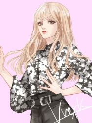 Rule 34 | 1girl, animification, belt, blackpink, blonde hair, blunt bangs, character name, close-up, commentary, hand on own hip, k-pop, lisa (blackpink), long hair, long sleeves, looking at viewer, pink background, real life, short shorts, shorts, signature, simple background, solo, symbol-only commentary, vrekx x