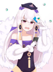 Rule 34 | 1girl, black hat, cellphone, chirun0, fire emblem, fire emblem: three houses, fire emblem heroes, fur trim, gloves, hair ornament, hat, highres, holding, holding phone, long hair, lysithea von ordelia, nintendo, open mouth, orb, phone, pink eyes, simple background, smartphone, solo, white background, white gloves, white hair
